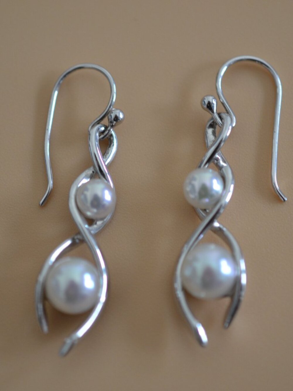 Majorica Pearl Sterling Silver Double Drop Earrings Signed 1.5"